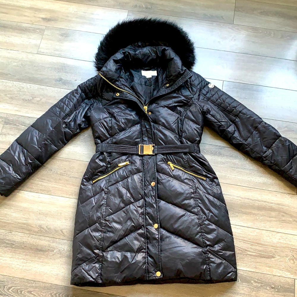 Michael Kors belted down parka with removable fur hood